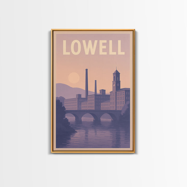 Lowell Massachusetts Travel Poster, Canvas Print, Retro Sunset Skyline Art, Lowell Travel Art, Poster Art, Fine Art Print, Travel Wall Art