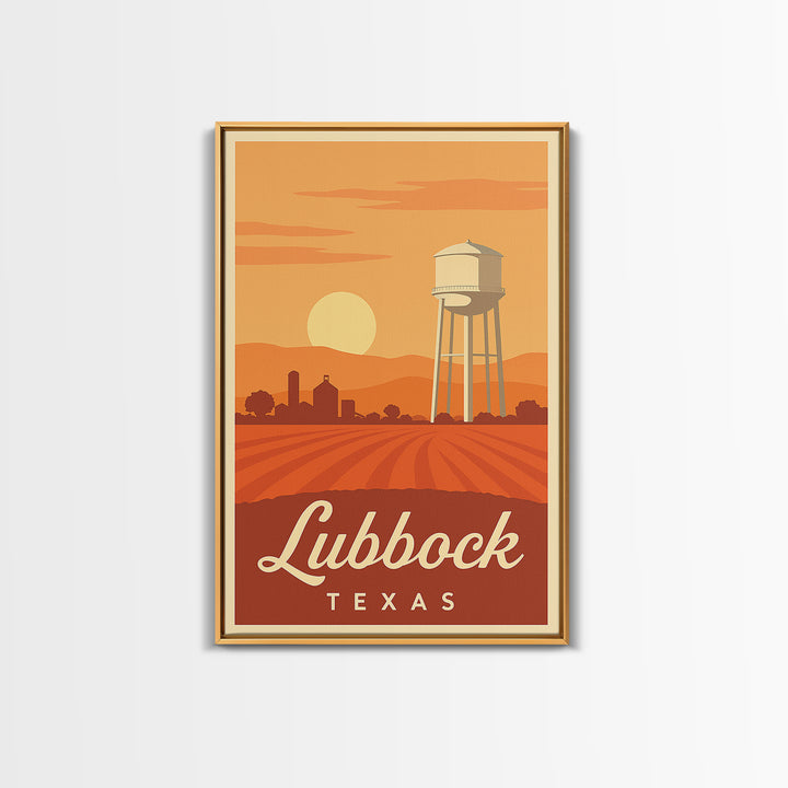 Lubbock Texas Travel Poster, Framed Canvas Print, Retro Sunset Skyline Art, Lubbock Poster Print, Wanderlust Decor, Travel Poster Set