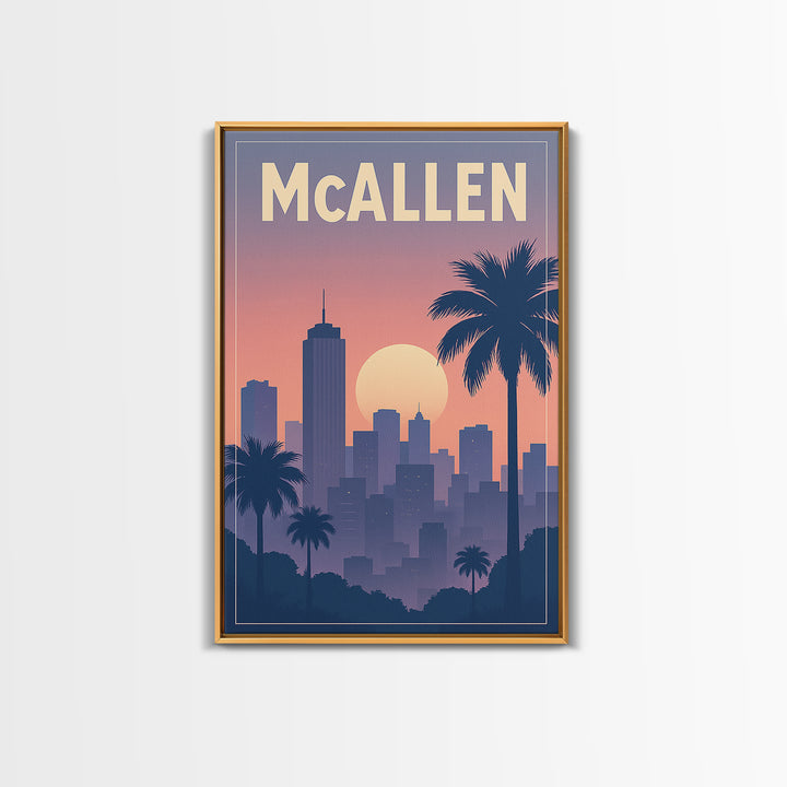 Mcallen Texas Travel Poster, Framed Canvas Print, Retro Sunset Skyline Art, Mcallen Wall Art, Eclectic Wall Decor, City Travel Prints
