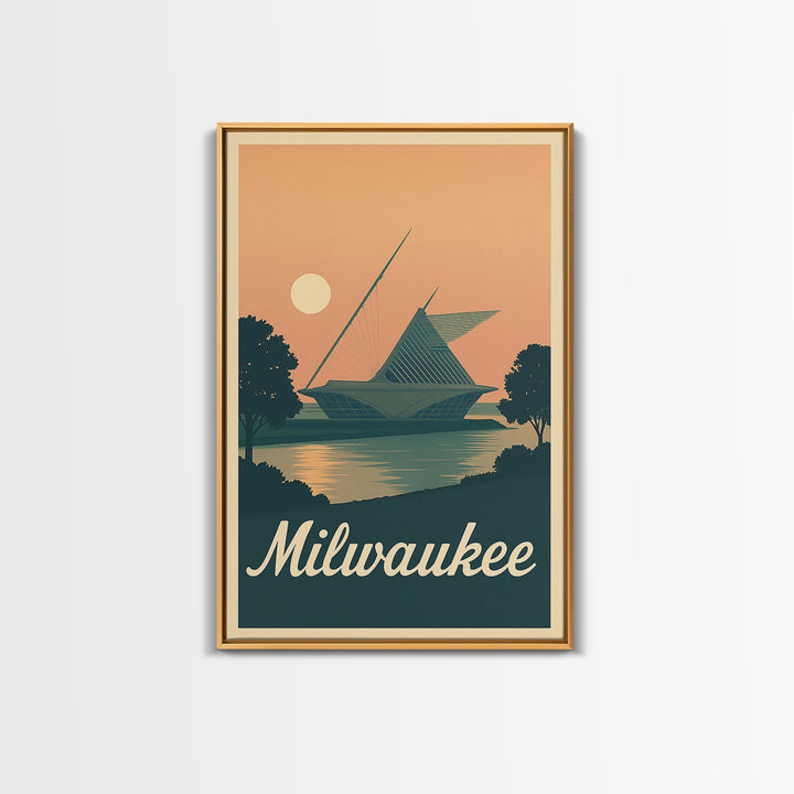 Milwaukee Travel Poster, Framed Canvas Print, Classic Travel Poster Art, Milwaukee Art Print, Watercolor Skyline, Retro Travel Print