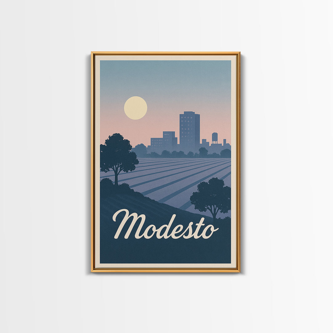Modesto Travel Poster, Canvas Print, Mid Century City Wall Art, Modesto City Art, Modern Wall Decor, City Illustration, City Art Print