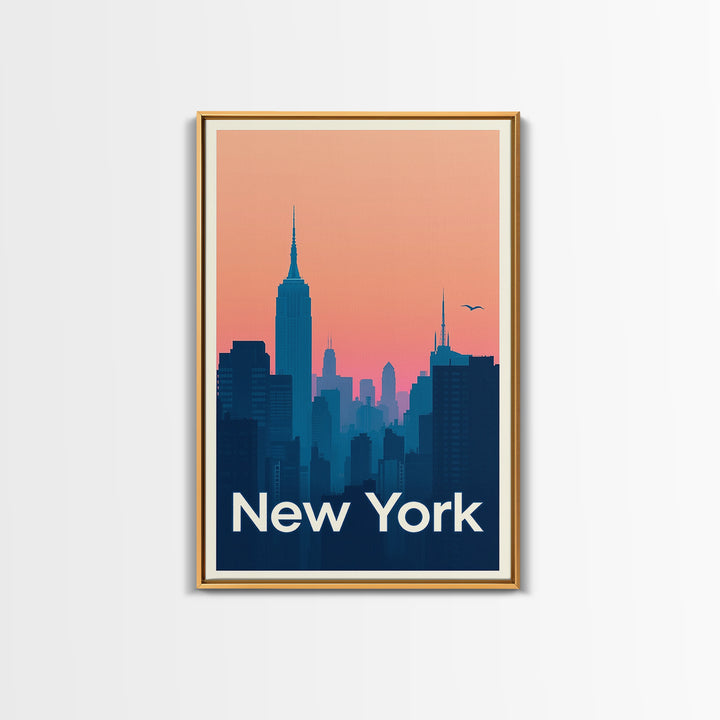New York Travel Poster, Framed Canvas Print, Retro Sunset Skyline Art, New York Travel Art, Living Room Wall Art, Eclectic Wall Decor