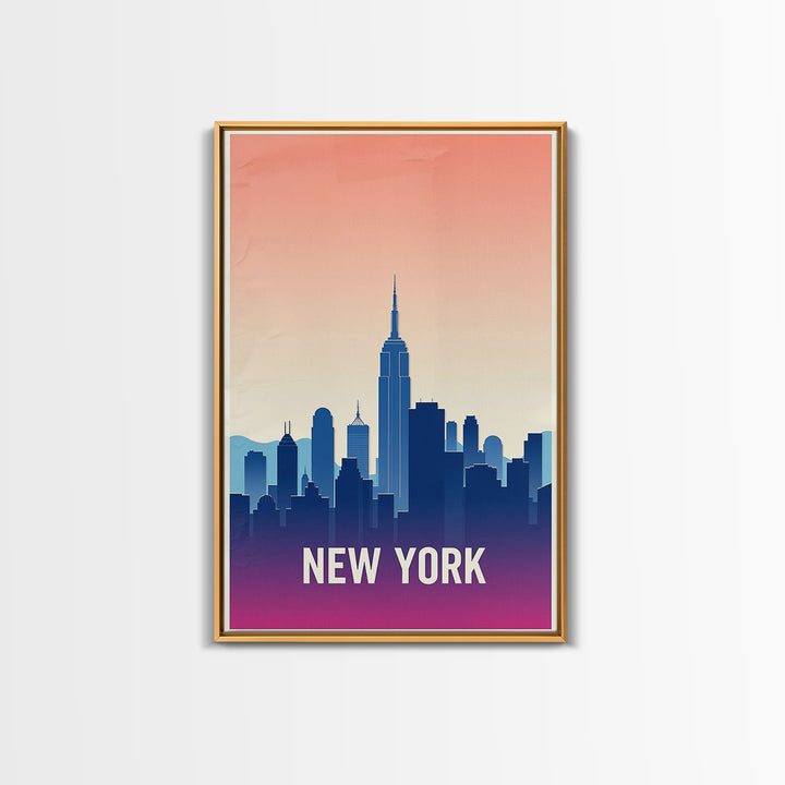 New York Travel Poster, Framed Canvas Print, Retro Sunset Skyline Art, New York Poster Print, Travel Wall Decor, Mid Century Wall Art