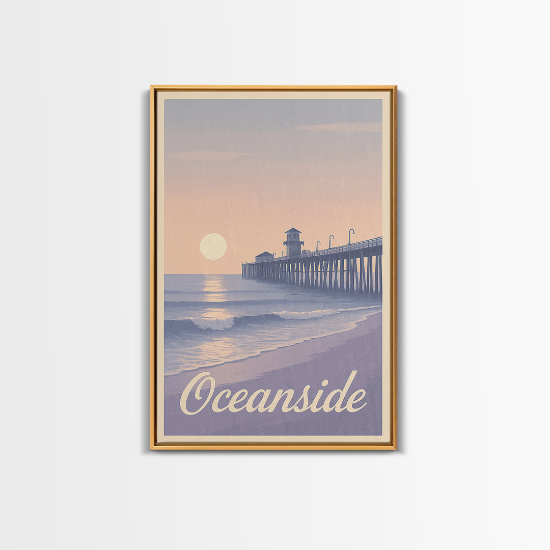Oceanside Travel Poster, Canvas Print, Retro Sunset Skyline Art, Oceanside Wall Art, Retro Travel Print, Watercolor Skyline, Design 2