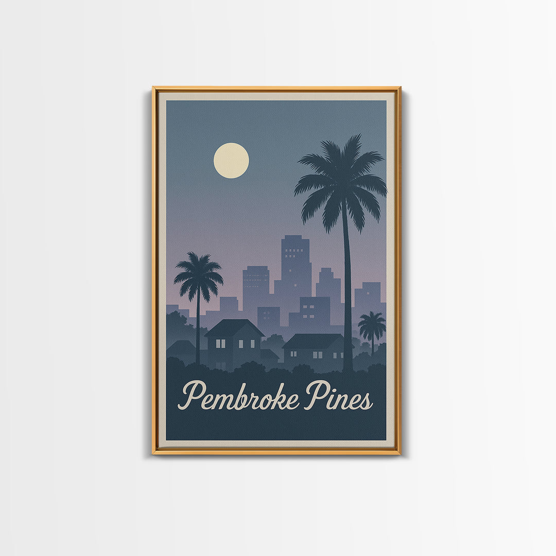 Pembroke Pines Florida Travel Poster, Canvas Print, Retro Sunset Skyline Art, Pembroke Pines Art Print, Wanderlust Decor, Modern Wall Decor