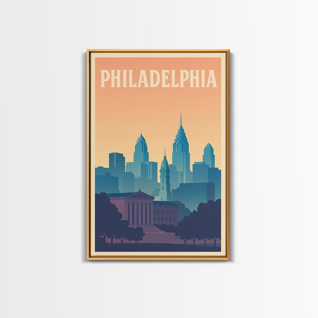 Philadelphia Travel Poster, Framed Canvas Print, Retro Sunset Skyline Art, Philadelphia City Art, Retro Travel Print, City Travel Prints