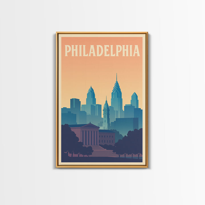 Philadelphia Travel Poster, Framed Canvas Print, Retro Sunset Skyline Art, Philadelphia City Art, Retro Travel Print, City Travel Prints