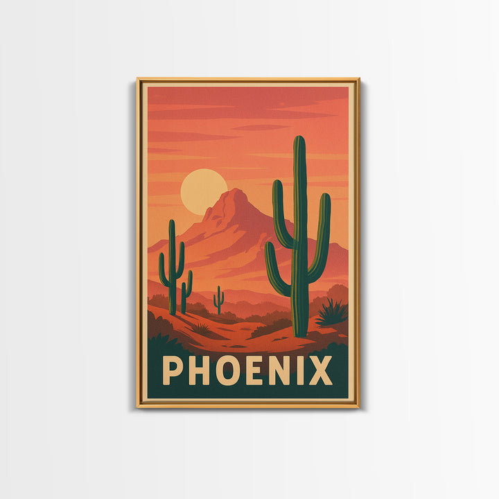 Phoenix Arizona Travel Poster, Framed Canvas Print, Retro Sunset Skyline Art, Phoenix Travel Art, Vintage Travel Print, Vintage City Poster