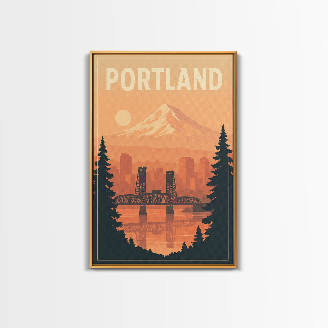 Portland Oregon Travel Poster, Framed Canvas Print, Retro Sunset Skyline Art, Portland Travel Art, City Illustration, Travel Poster Art