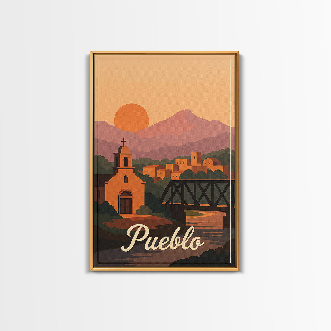 Pueblo Colorado Travel Poster, Canvas Print, Retro Sunset Skyline Art, Pueblo Wall Art, Retro Travel Print, Modern Wall Decor, Travel Gift