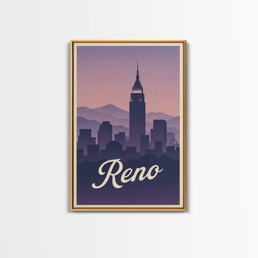 Reno Travel Poster, Canvas Print, Retro Sunset Skyline Art, Reno Art Print, City Illustration, Wanderlust Decor, Mid Century Wall Art