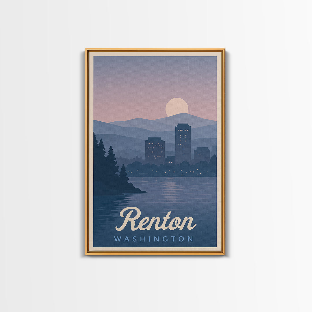 Renton Travel Poster, Framed Canvas Print, Mid Century City Wall Art, Renton Wall Art, Home Office Decor, Travel Wall Decor, Art Print
