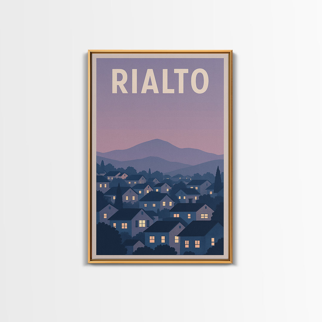 Rialto Travel Poster, Framed Canvas Print, Retro Sunset Skyline Art, Rialto Wall Art, Watercolor Skyline Art, Travel Poster Art, Design 2