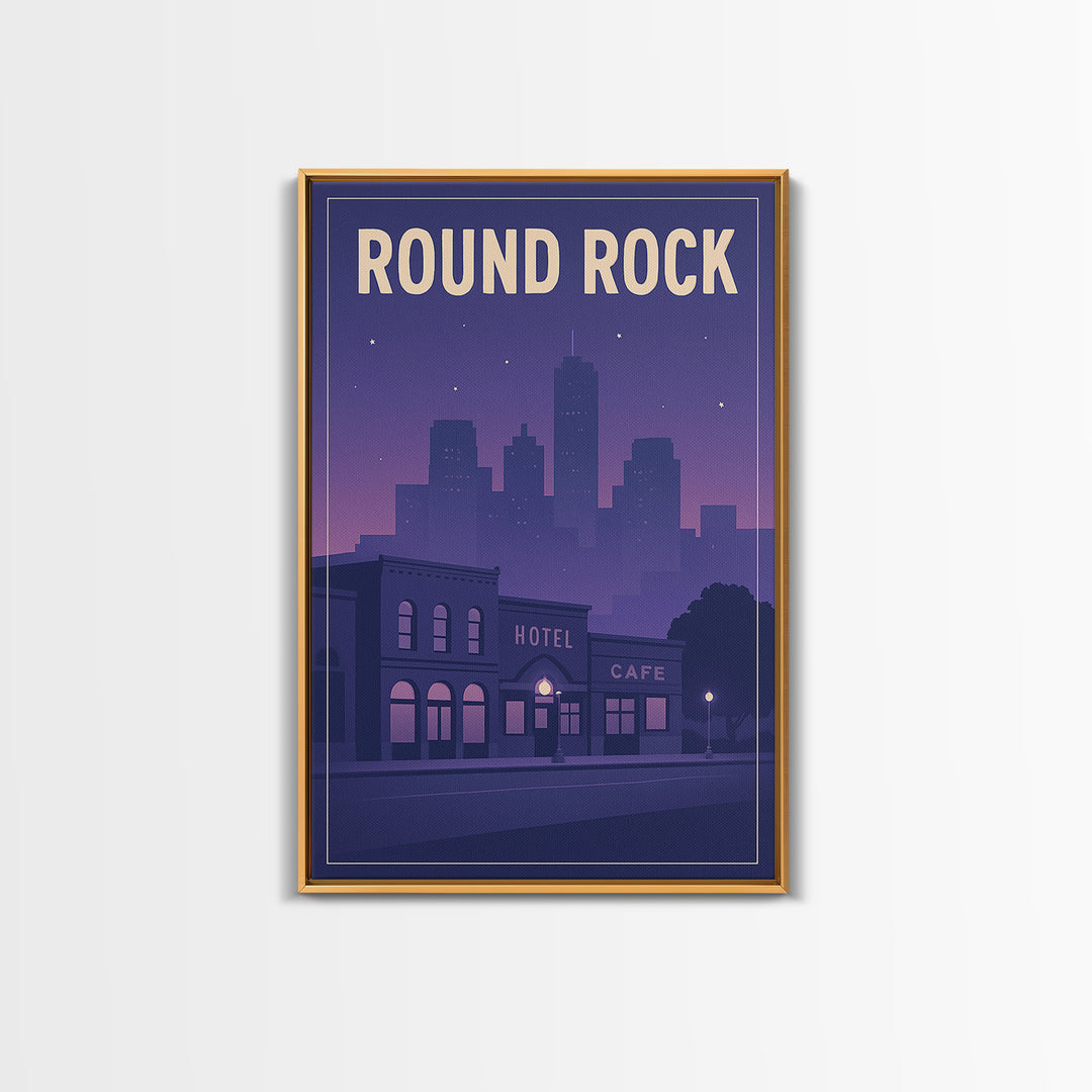 Round Rock Travel Poster, Framed Canvas Print, Retro Sunset Skyline Art, Round Rock Poster Print, Travel Art Print, Living Room Wall Art
