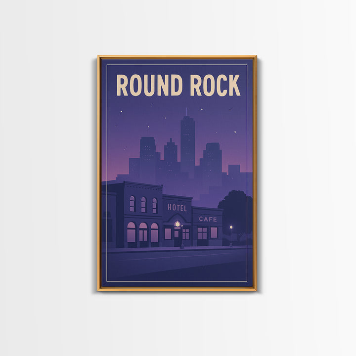 Round Rock Travel Poster, Framed Canvas Print, Retro Sunset Skyline Art, Round Rock Poster Print, Travel Art Print, Living Room Wall Art