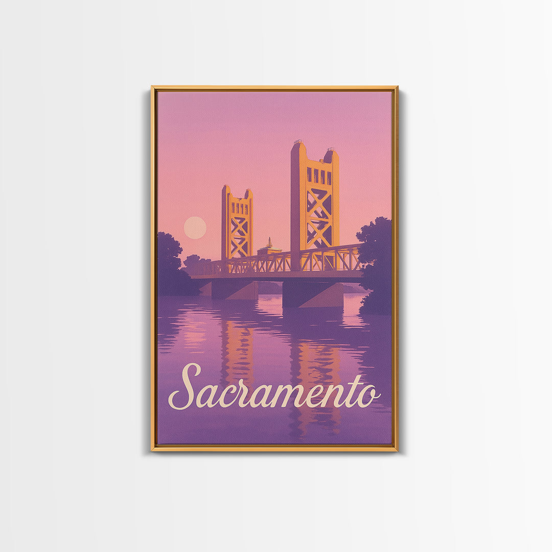 Sacramento Travel Poster, Canvas Print, Retro Sunset Skyline Art, Sacramento Art Print, Mid Century Wall Art, Gift For Travelers