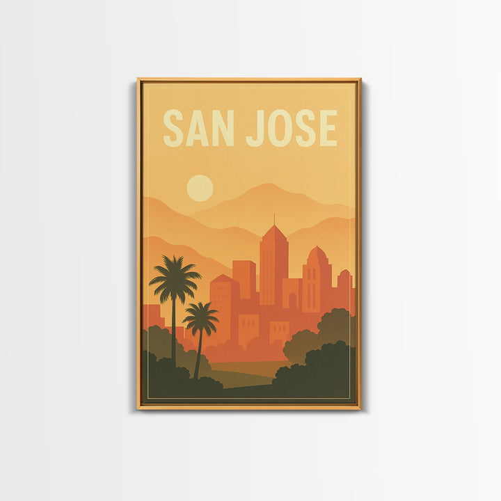 San Jose California Travel Poster, Framed Canvas Print, Retro Sunset Skyline Art, San Jose Poster Print, Fine Art Print, Vintage City Art