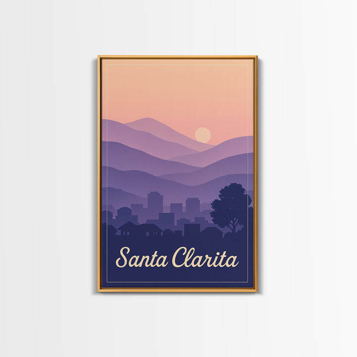 Santa Clarita Travel Poster, Framed Canvas Print, Retro Sunset Skyline Art, Santa Clarita Art Print, Travel Wall Decor, Modern Wall Decor