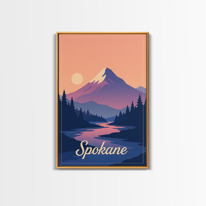 Spokane Washington Travel Poster, Canvas Print, Retro Sunset Skyline Art, Spokane Travel Art, Retro Travel Print, Watercolor Urban Skyline