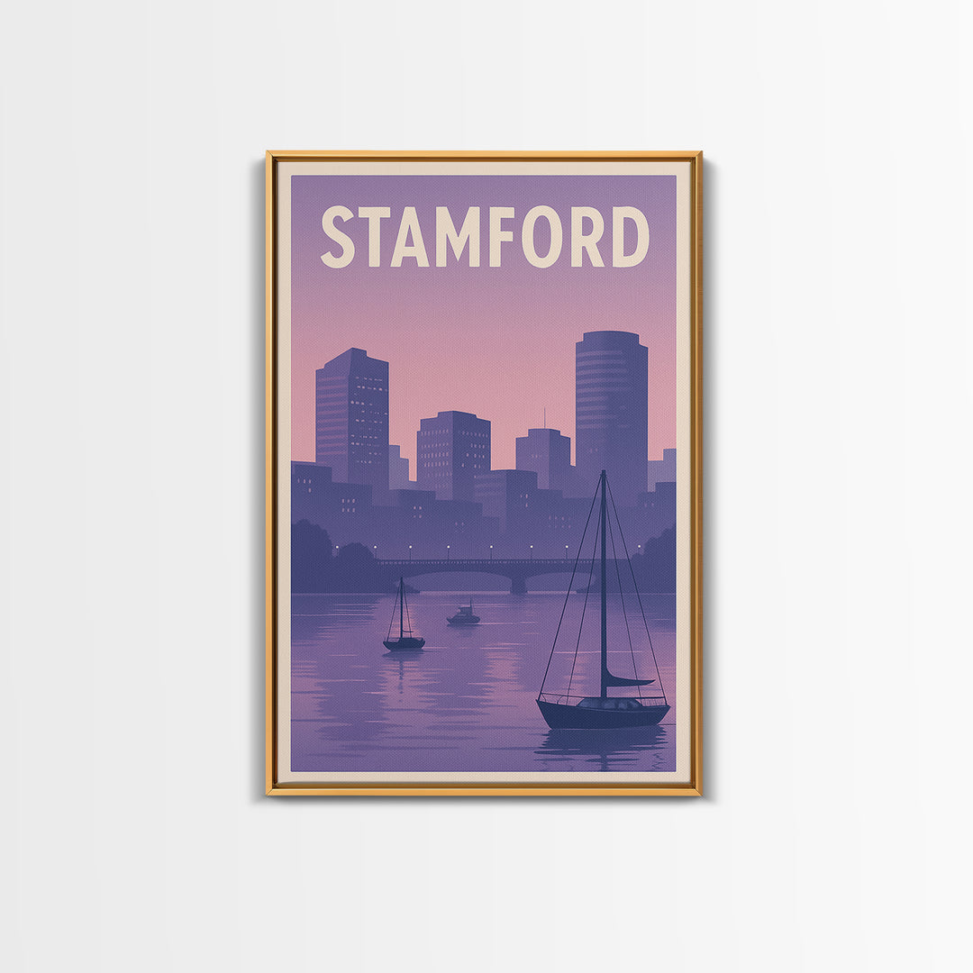 Stamford Travel Poster, Framed Canvas Print, Mid Century City Wall Art, Stamford Travel Art, Travel Poster Art, City Illustration