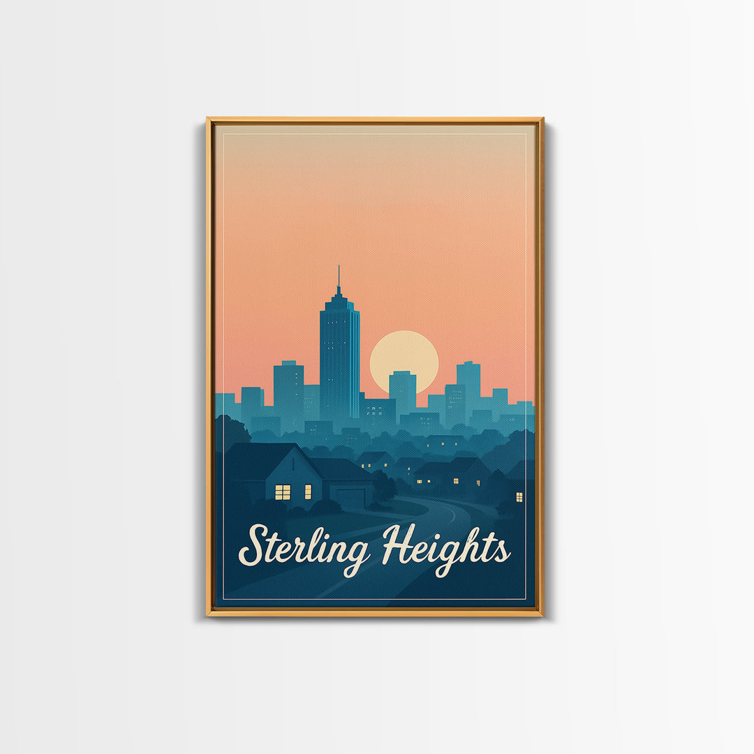 Sterling Heights Michigan Travel Poster, Framed Canvas Print, Retro Sunset Skyline Art, Sterling Heights Wall Art, City Travel Prints