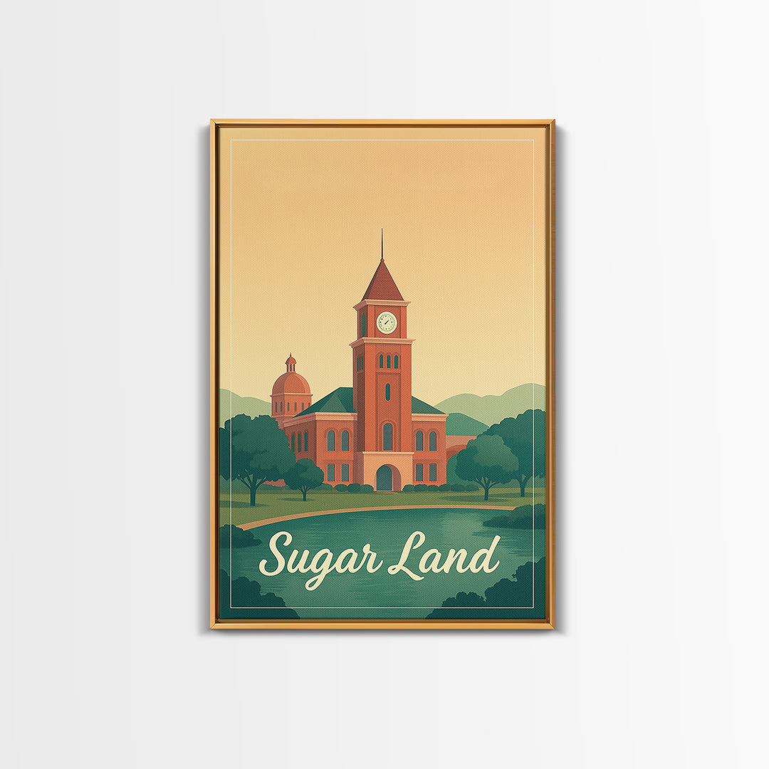 Sugar Land Texas Travel Poster, Framed Canvas Print, Mid Century City Wall Art, Sugar Land Travel Art, Travel Poster Art, Gift For Travelers