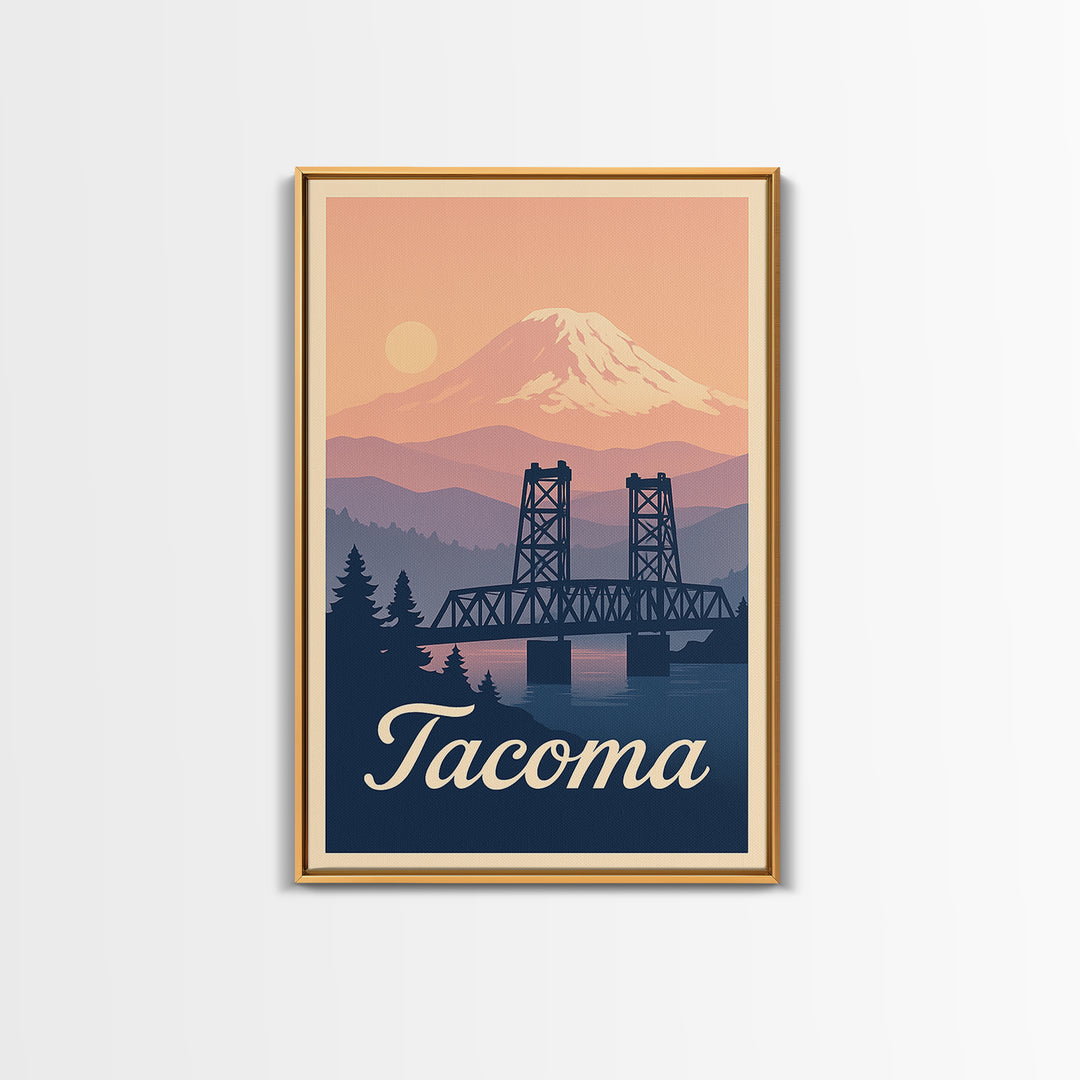 Tacoma Washington Travel Poster, Framed Canvas Print, Retro Sunset Skyline Art, Tacoma Poster Print, Eclectic Wall Decor, City Travel Prints