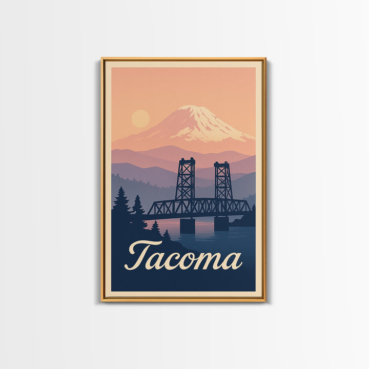 Tacoma Washington Travel Poster, Framed Canvas Print, Retro Sunset Skyline Art, Tacoma Poster Print, Eclectic Wall Decor, City Travel Prints
