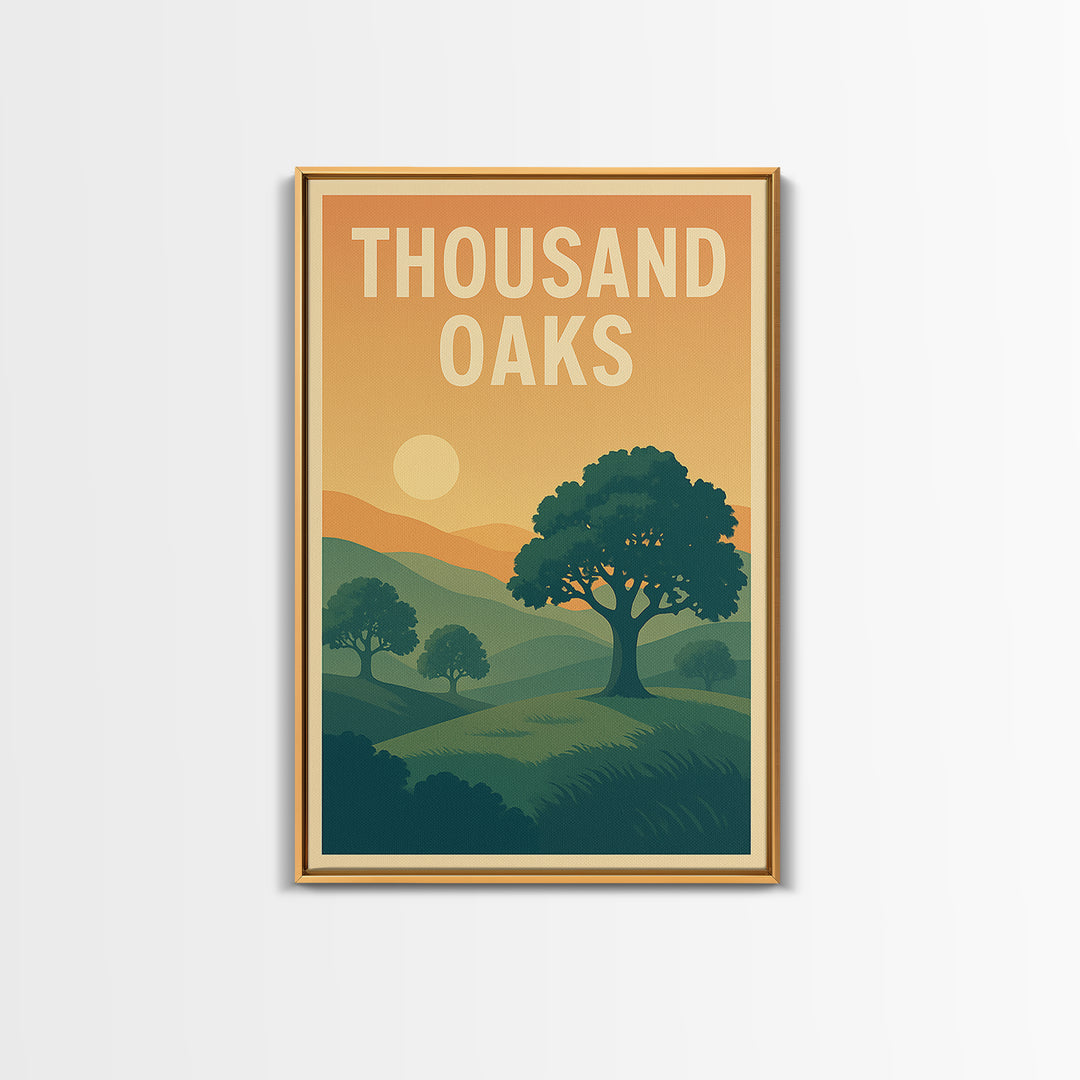 Thousand Oaks Travel Poster, Framed Canvas Print, Retro Sunset Skyline Art, Thousand Oaks Art Print, Vintage City Poster, Retro Travel Print