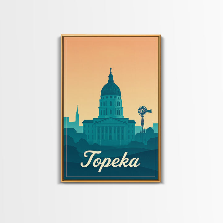 Topeka Kansas Travel Poster, Canvas Print, Retro Sunset Skyline Art, Topeka City Art, Gift For Travelers, Wall Art, Travel Art Print