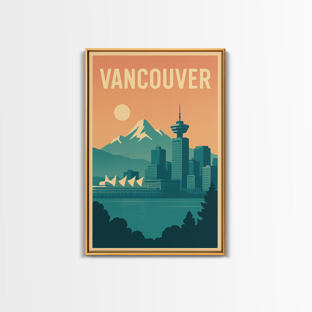 Vancouver Travel Poster, Canvas Print, Retro Sunset Skyline Art, Vancouver Wall Art, City Art Print, Vintage City Art, Fine Art Print