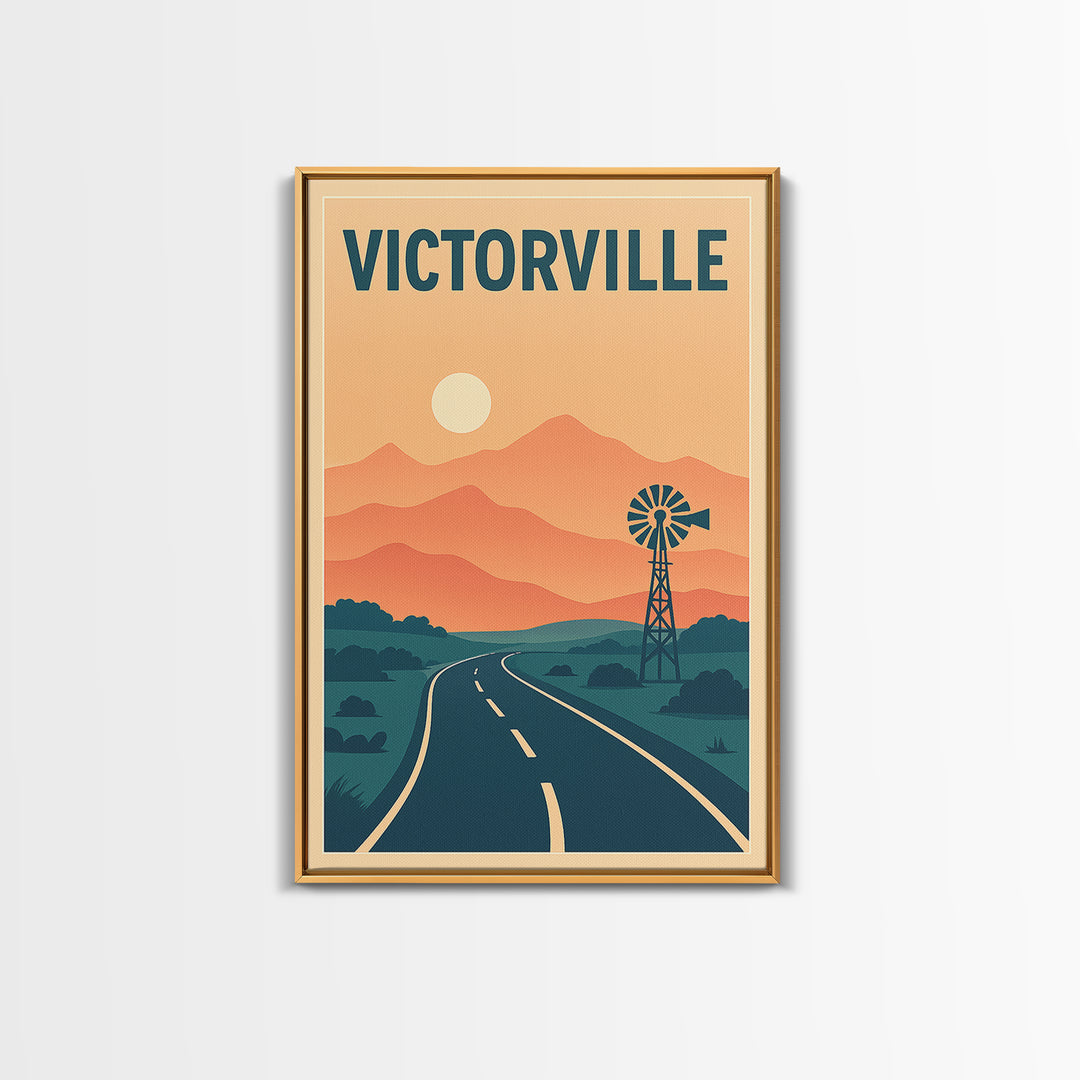 Victorville Travel Poster, Framed Canvas Print, Retro Sunset Skyline Art, Victorville Wall Art, City Art Print, Travel Poster Art