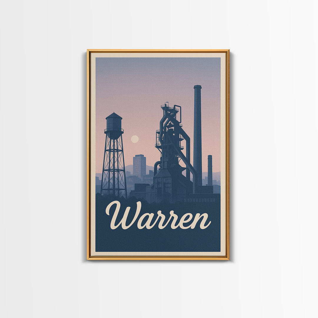 Warren Travel Poster, Framed Canvas Print, Retro Sunset Skyline Art, Warren City Art, Mid Century Wall Art, Modern Wall Decor, Design 2