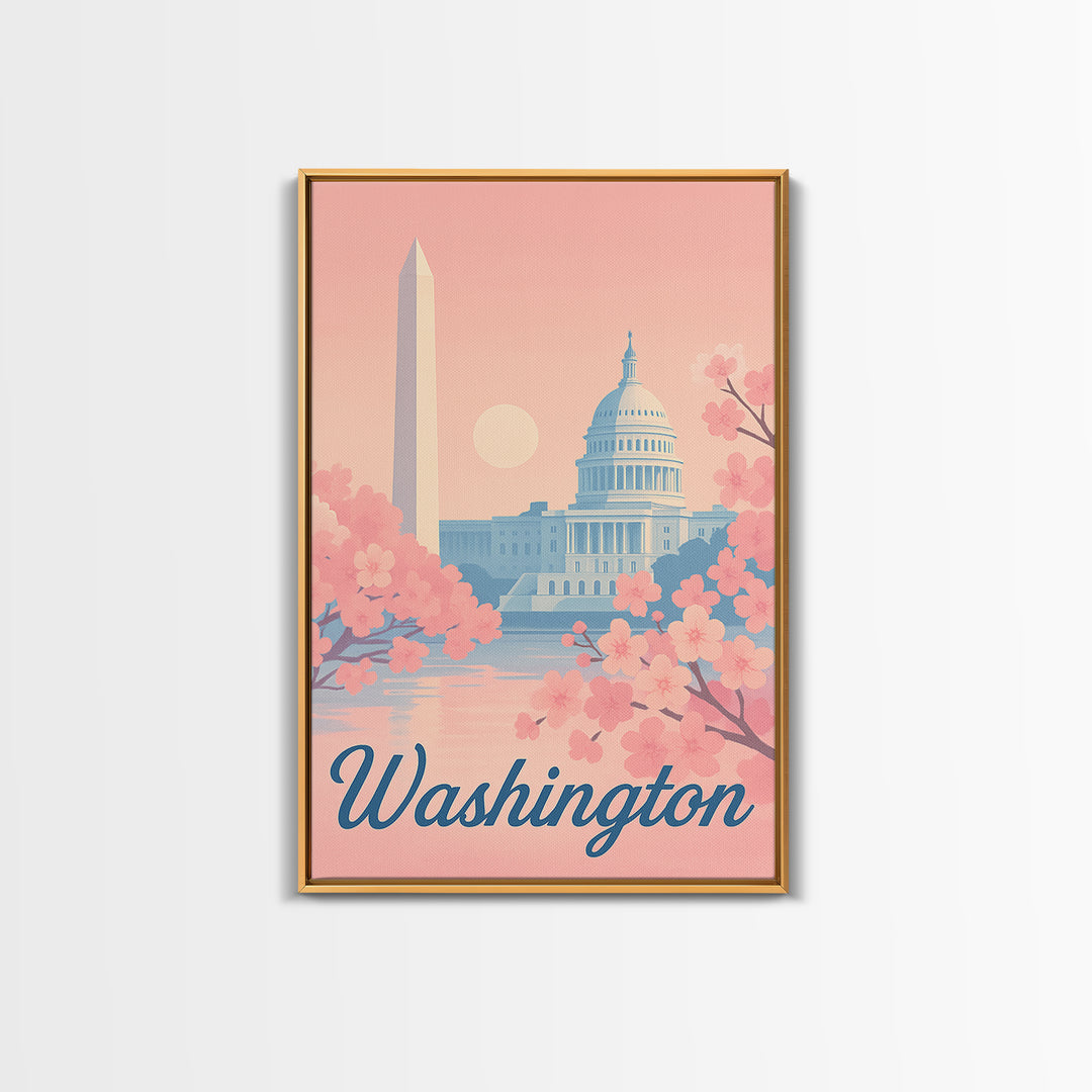 Washington Travel Poster, Framed Canvas Print, Retro Sunset Skyline Art, Washington Poster Print, Vintage City Poster, City Art Print