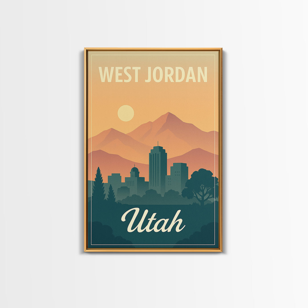 West Jordan Travel Poster, Framed Canvas Print, Retro Sunset Skyline Art, West Jordan Travel Art, City Illustration, Modern Wall Decor