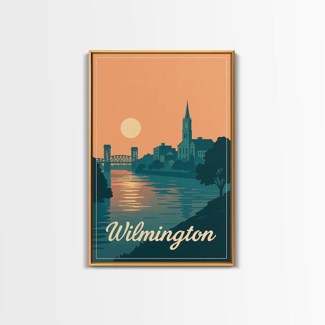 Wilmington North Carolina Travel Poster, Canvas Print, Mid Century City Wall Art, Wilmington Art Print, Wall Art, Watercolor Skyline Art
