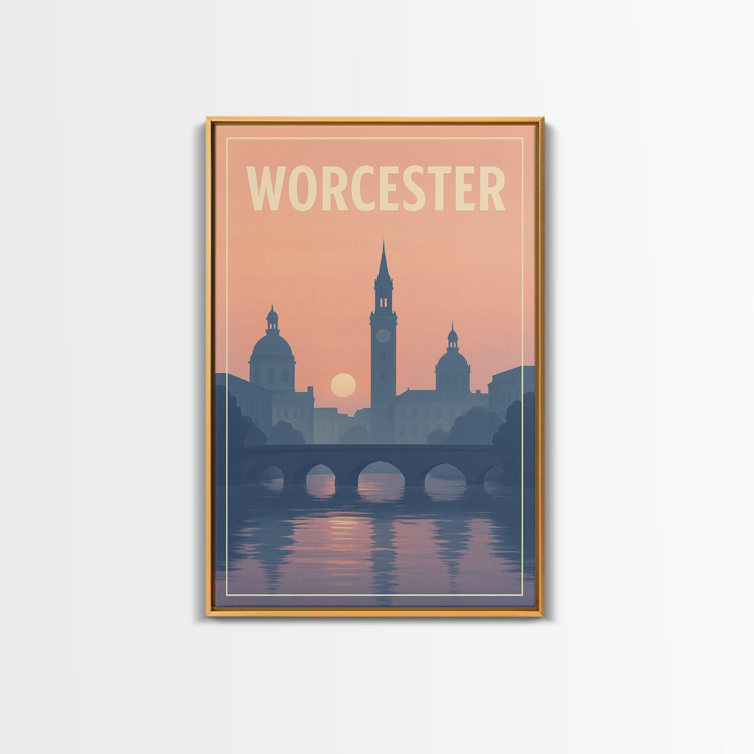 Worcester Massachusetts Travel Poster, Canvas Print, Sunset Skyline Art, Worcester Travel Art, Travel Poster Set, Watercolor City Skyline