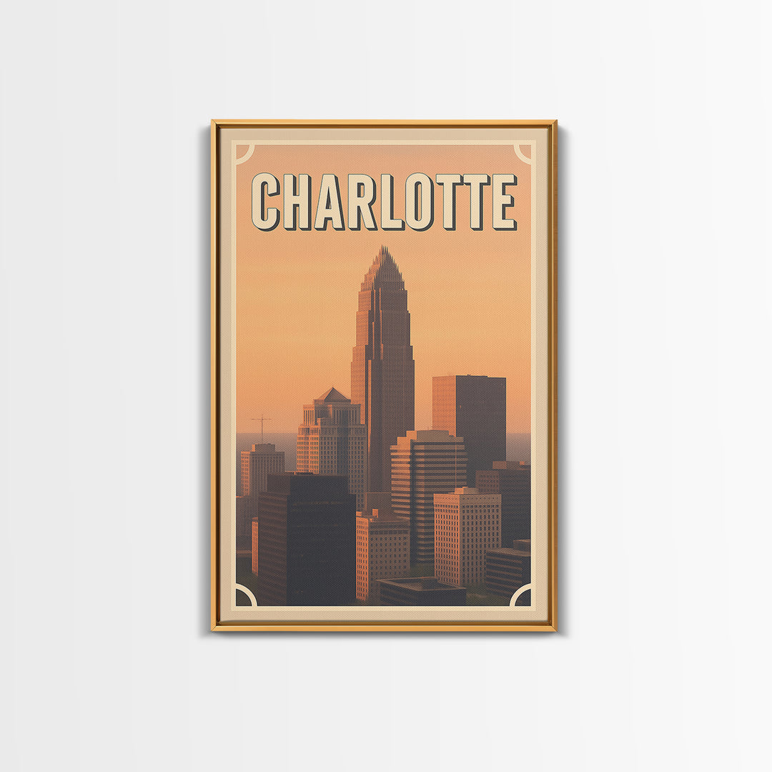Charlotte Travel Poster, Framed Canvas Print, Vintage Theatre Style Art, Charlotte Poster Print, Gift For Travelers, Travel Poster Set