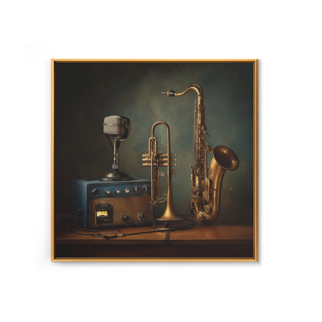 Jazz Trumpet and Microphone Still Life Canvas Print, Recording Studio Art, Unique Home Decor, Studio Decor, Fine Art, Analog, RSA-1x1-31