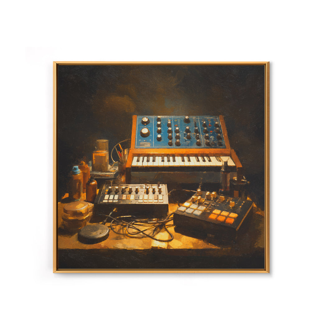 Analog Synthesizer Knobs and Cables Framed Canvas Print, Recording Studio Art, Downloadable Print, Studio Decor, Oil Painting, RSA-1x1-37