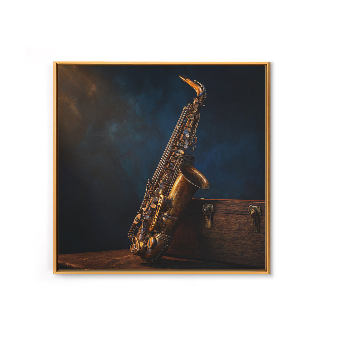 Brass Saxophone on Dark Velvet Framed Canvas Print, Recording Studio Art, Luxury Decor, Studio Decor, Fine Art, Analog, RSA-1x1-40