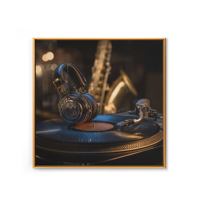 Headphones Resting on a Vinyl Record Framed Canvas Print, Recording Studio Art, Music Room Decor, Studio Decor, Analog, RSA-1x1-53