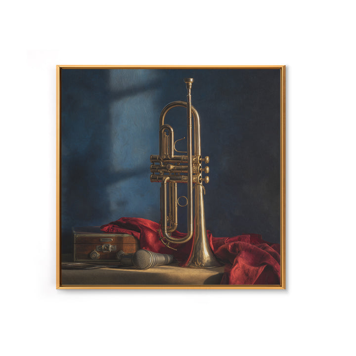 Jazz Trumpet and Microphone Still Life Framed Canvas Print, Recording Studio Art, Retro Wall Art, Studio Decor, Analog, RSA-1x1-7