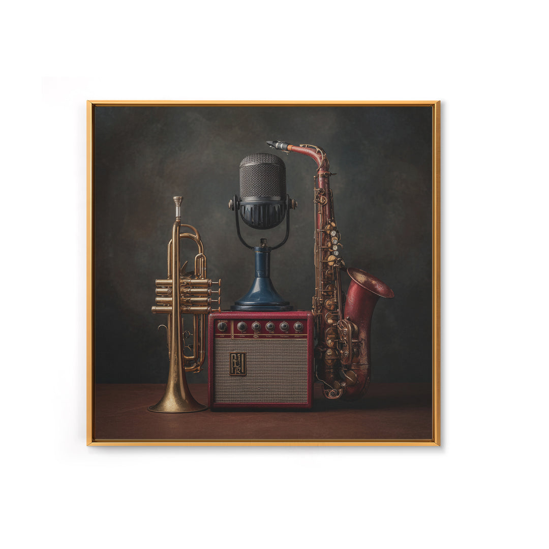 Jazz Trumpet and Microphone Still Life Framed Canvas Print, Recording Studio Art, Gallery Decor, Studio Decor, Oil Painting, RSA-1x1-79