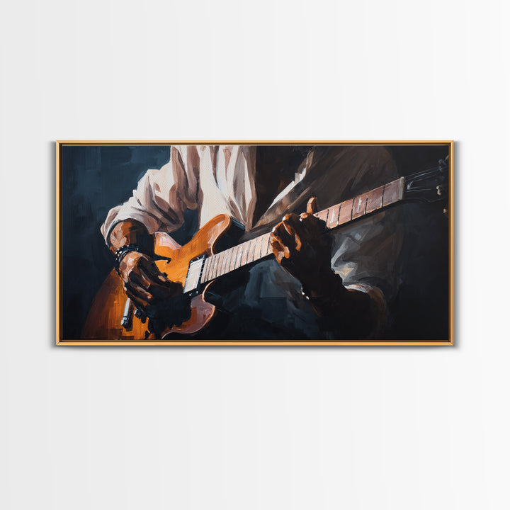 Musician Hands on Guitar Strings Framed Canvas Print, Recording Studio Art, Kids Room Art, Studio Decor, Fine Art, Analog, RSA-2x1-11