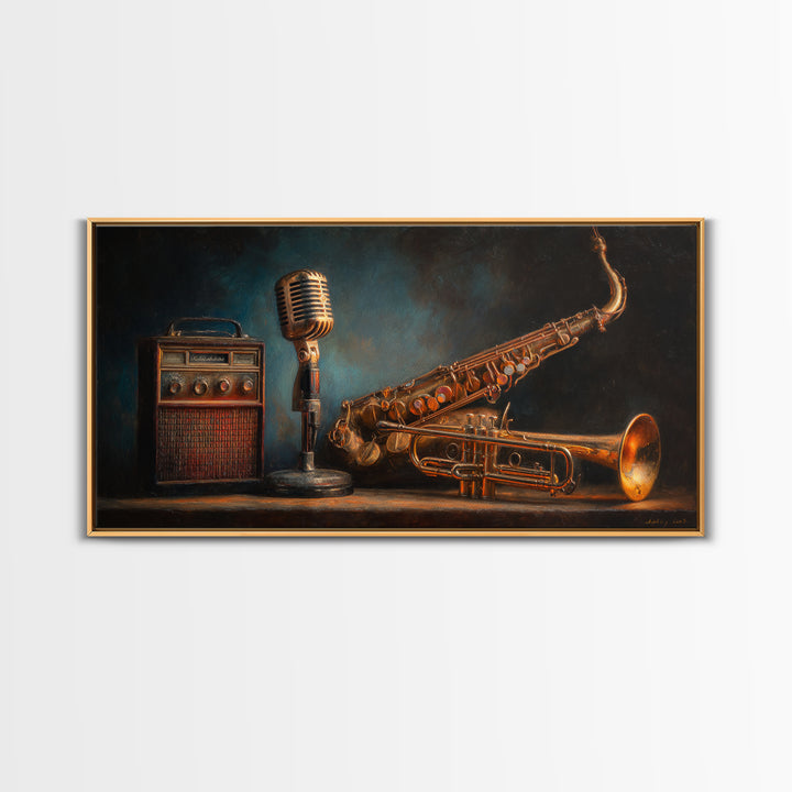 Jazz Trumpet and Microphone Still Life Framed Canvas Print, Recording Studio Art, Neutral Decor, Studio Decor, Fine Art, Analog, RSA-2x1-75