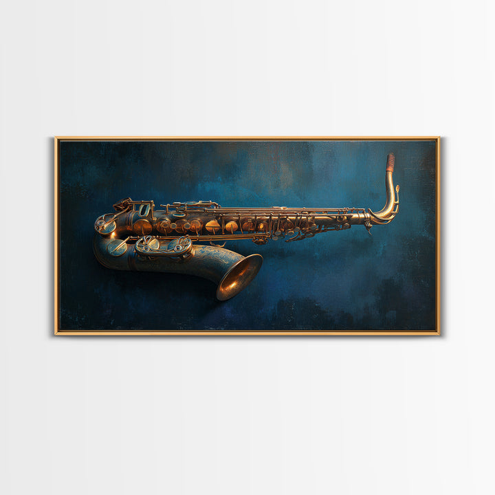 Brass Saxophone on Dark Velvet Framed Canvas Print, Recording Studio Art, Kids Room Art, Studio Decor, Fine Art, Analog, RSA-2x1-84