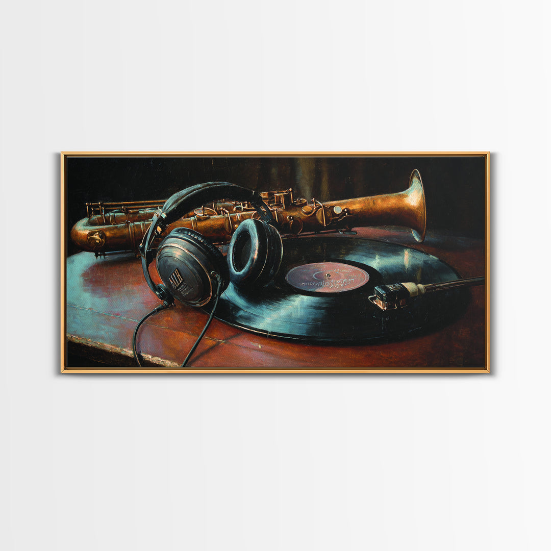 Headphones Resting on a Vinyl Record Framed Canvas Print, Recording Studio Art, Modern Wall Art, Studio Decor, Fine Art, Analog, RSA-2x1-97