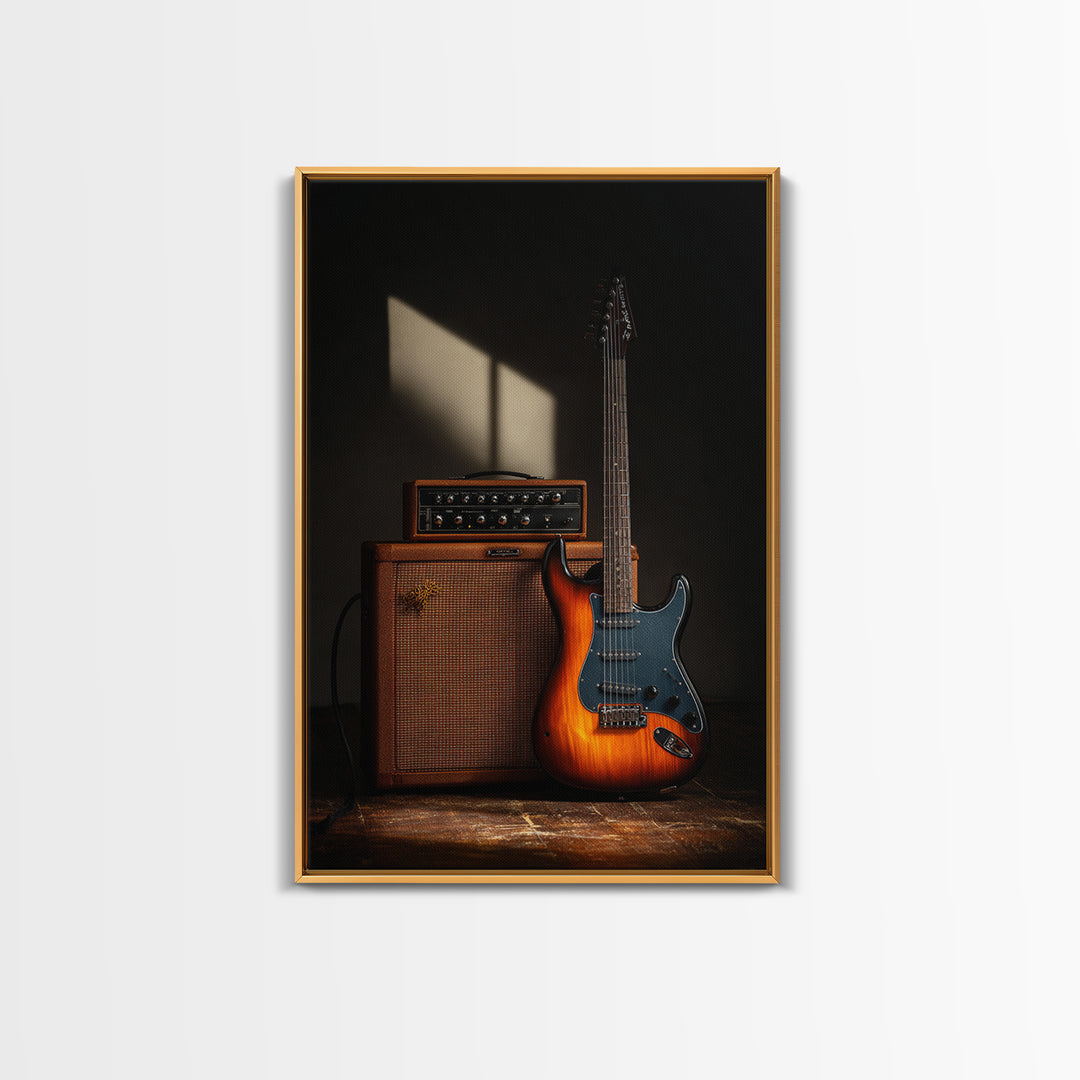 Electric Guitar Beside a Studio Amp Framed Canvas Print, Recording Studio Art, Music Art, Studio Decor, Fine Art, Analog, RSA-2x3-84