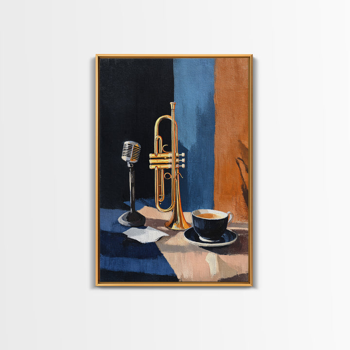 Jazz Trumpet and Microphone Still Life Framed Canvas Print, Recording Studio Art, Printable Art, Studio Decor, Fine Art, Analog, RSA-2x3-87